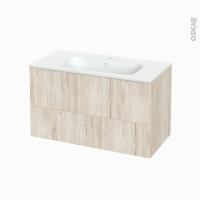 Meuble de salle de bains - Plan vasque NEMA - IKORO Chêne clair - 2 tiroirs - Côtés décors - L100,5 x H58,5 x P50,6 cm