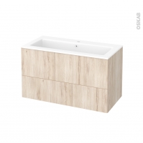 Meuble de salle de bains - Plan vasque NAJA - IKORO Chêne clair - 2 tiroirs - Côtés décors - L100,5 x H58,5 x P50,5 cm