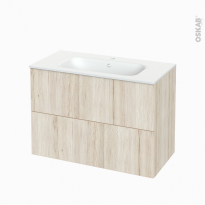 Meuble de salle de bains - Plan vasque NEMA - IKORO Chêne clair - 2 tiroirs - Côtés décors - L100,5 x H71,5 x P50,6 cm