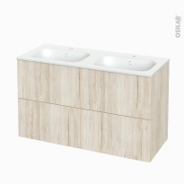 Meuble de salle de bains - Plan double vasque NEMA - IKORO Chêne clair - 4 tiroirs - Côtés décors - L120,5 x H71,5 x P50,6 cm