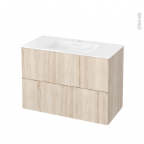 Meuble de salle de bains - Plan vasque VALA - IKORO Chêne clair - 2 tiroirs - Côtés décors - L100,5 x H71,2 x P50,5 cm