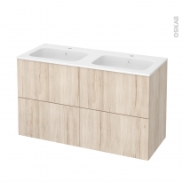Meuble de salle de bains - Plan double vasque REZO - IKORO Chêne clair - 4 tiroirs - Côtés décors - L120,5 x H71,5 x P50,5 cm