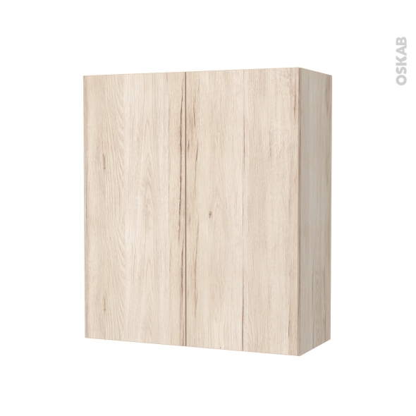 Armoire de salle de bains - Rangement haut - IKORO Chêne clair - 2 portes - Côtés décors - L60 x H70 x P27 cm