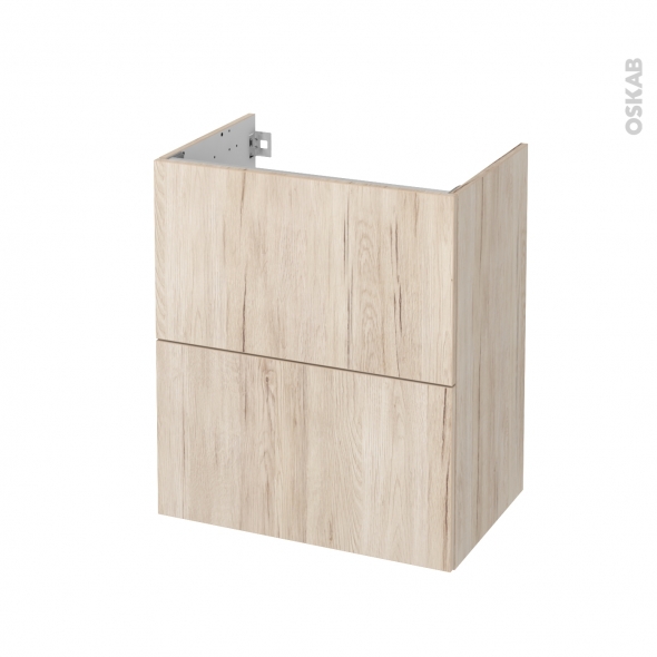 Meuble de salle de bains - Sous vasque - IKORO Chêne clair - 2 tiroirs - Côtés décors - L60 x H70 x P40 cm