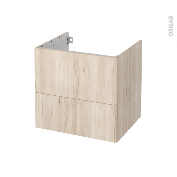 Meuble de salle de bains - Sous vasque - IKORO Chêne clair - 2 tiroirs - Côtés décors - L60 x H57 x P50 cm
