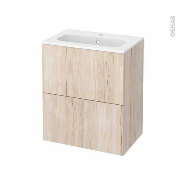Meuble de salle de bains - Plan vasque REZO - IKORO Chêne clair - 2 tiroirs - Côtés décors - L60,5 x H71,5 x P40,5 cm