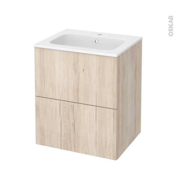 Meuble de salle de bains - Plan vasque REZO - IKORO Chêne clair - 2 tiroirs - Côtés décors - L60,5 x H71,5 x P50,5 cm