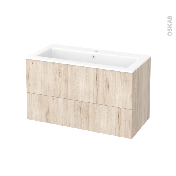 Meuble de salle de bains Plan vasque NAJA <br />IKORO Chêne clair, 2 tiroirs, Côtés décors, L100,5 x H58,5 x P50,5 cm 
