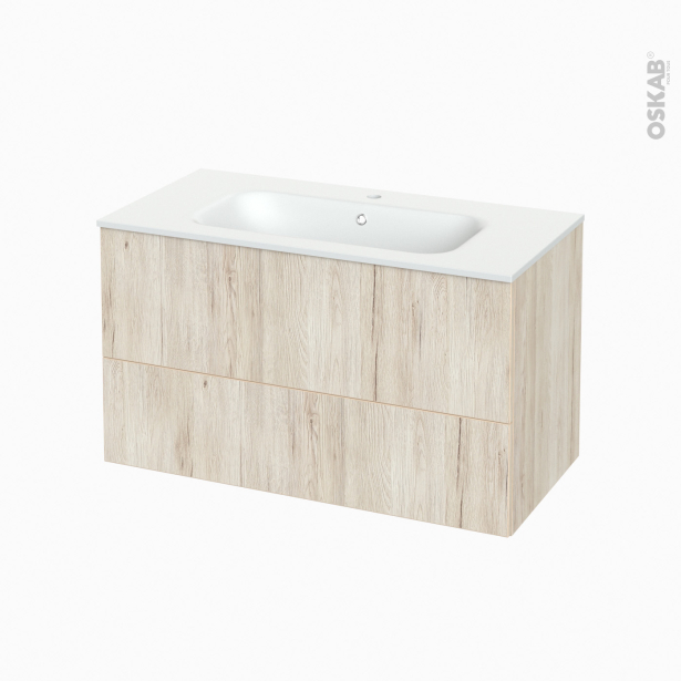 Meuble de salle de bains Plan vasque NEMA <br />IKORO Chêne clair, 2 tiroirs, Côtés décors, L100,5 x H58,5 x P50,6 cm 