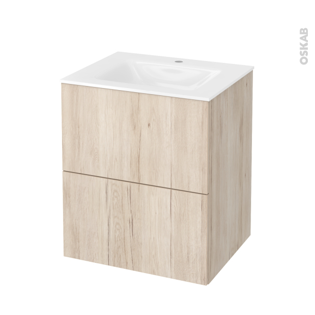 Meuble de salle de bains Plan vasque VALA <br />IKORO Chêne clair, 2 tiroirs, Côtés décors, L60,5 x H71,2 x P50,5 cm 