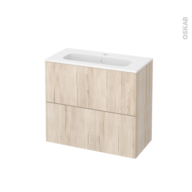 Meuble de salle de bains Plan vasque REZO <br />IKORO Chêne clair, 2 tiroirs, Côtés décors, L80,5 x H71,5 x P40,5 cm 