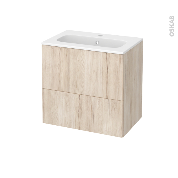 Meuble de salle de bains Plan vasque REZO <br />IKORO Chêne clair, 2 tiroirs, Côtés décors, L60,5 x H58,5 x P40,5 cm 