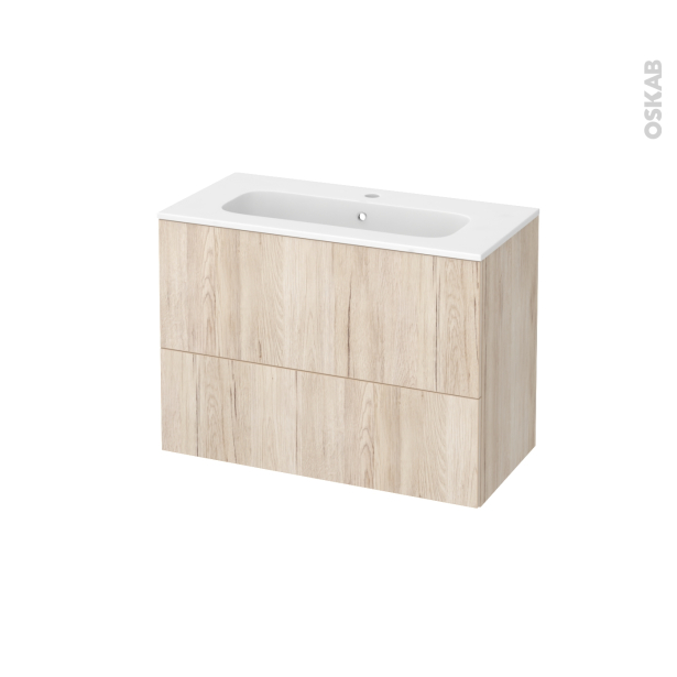 Meuble de salle de bains Plan vasque REZO <br />IKORO Chêne clair, 2 tiroirs, Côtés décors, L80,5 x H58,5 x P40,5 cm 
