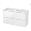 Meuble de salle de bains - Plan double vasque REZO - IPOMA Blanc brillant - 4 tiroirs - Côtés décors - L120,5 x H71,5 x P50,5 cm