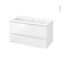 Meuble de salle de bains - Plan vasque NAJA - IPOMA Blanc brillant - 2 tiroirs - Côtés décors - L100,5 x H58,5 x P50,5 cm