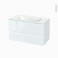Meuble de salle de bains - Plan vasque NEMA - IPOMA Blanc brillant - 2 tiroirs - Côtés décors - L100,5 x H58,5 x P50,6 cm