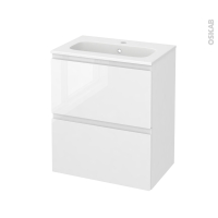 Meuble de salle de bains - Plan vasque REZO - IPOMA Blanc brillant - 2 tiroirs - Côtés décors - L60,5 x H71,5 x P40,5 cm