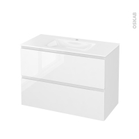 Meuble de salle de bains - Plan vasque VALA - IPOMA Blanc brillant - 2 tiroirs - Côtés décors - L100,5 x H71,2 x P50,5 cm