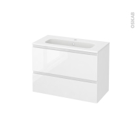 Meuble de salle de bains - Plan vasque REZO - IPOMA Blanc brillant - 2 tiroirs - Côtés décors - L80,5 x H58,5 x P40,5 cm