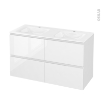 Meuble de salle de bains - Plan double vasque VALA - IPOMA Blanc brillant - 4 tiroirs - Côtés décors - L120,5 x H71,2 x P50,5 cm