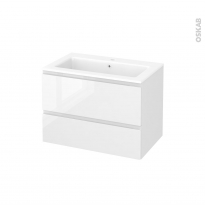 Meuble de salle de bains - Plan vasque NAJA - IPOMA Blanc brillant - 2 tiroirs - Côtés décors - L80,5 x H58,5 x P50,5 cm