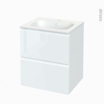 Meuble de salle de bains - Plan vasque NEMA - IPOMA Blanc brillant - 2 tiroirs - Côtés décors - L60,5 x H71,5 x P50,6 cm