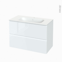 Meuble de salle de bains - Plan vasque NEMA - IPOMA Blanc brillant - 2 tiroirs - Côtés décors - L100,5 x H71,5 x P50,6 cm