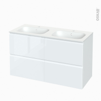 Meuble de salle de bains - Plan double vasque NEMA - IPOMA Blanc brillant - 4 tiroirs - Côtés décors - L120,5 x H71,5 x P50,6 cm
