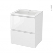 Meuble de salle de bains - Plan vasque REZO - IPOMA Blanc brillant - 2 tiroirs - Côtés décors - L60,5 x H71,5 x P50,5 cm