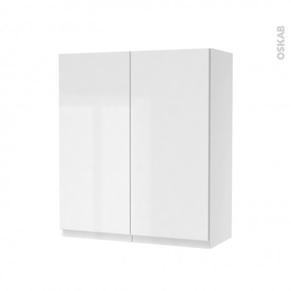 Armoire de salle de bains - Rangement haut - IPOMA Blanc brillant - 2 portes - Côtés décors - L60 x H70 x P27 cm