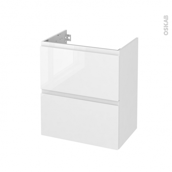 Meuble de salle de bains - Sous vasque - IPOMA Blanc brillant - 2 tiroirs - Côtés décors - L60 x H70 x P40 cm