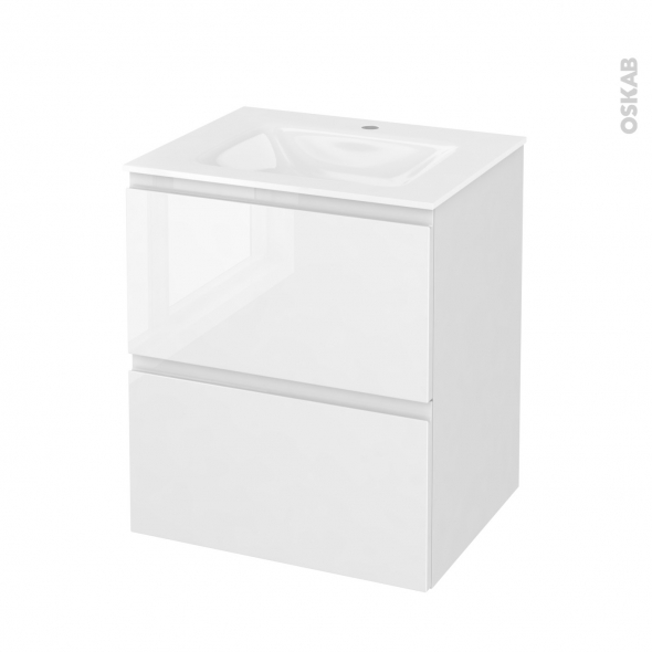 Meuble de salle de bains - Plan vasque VALA - IPOMA Blanc brillant - 2 tiroirs - Côtés décors - L60,5 x H71,2 x P50,5 cm