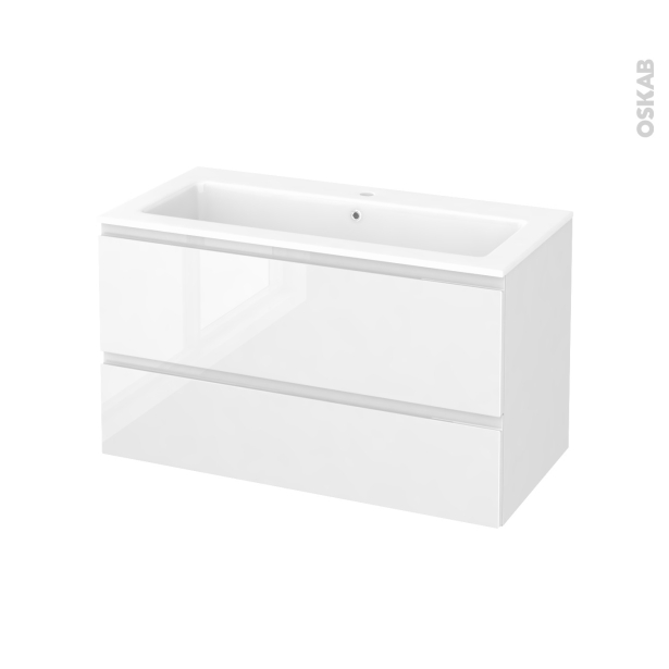 Meuble de salle de bains Plan vasque NAJA <br />IPOMA Blanc brillant, 2 tiroirs, Côtés décors, L100,5 x H58,5 x P50,5 cm 