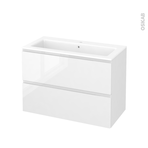 Meuble de salle de bains Plan vasque NAJA <br />IPOMA Blanc brillant, 2 tiroirs, Côtés décors, L100,5 x H71,5 x P50,5 cm 