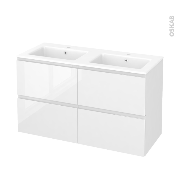 Meuble de salle de bains Plan double vasque NAJA <br />IPOMA Blanc brillant, 4 tiroirs, Côtés décors, L120,5 x H71,5 x P50,5 cm 