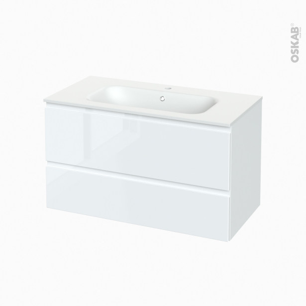 Meuble de salle de bains Plan vasque NEMA <br />IPOMA Blanc brillant, 2 tiroirs, Côtés décors, L100,5 x H58,5 x P50,6 cm 