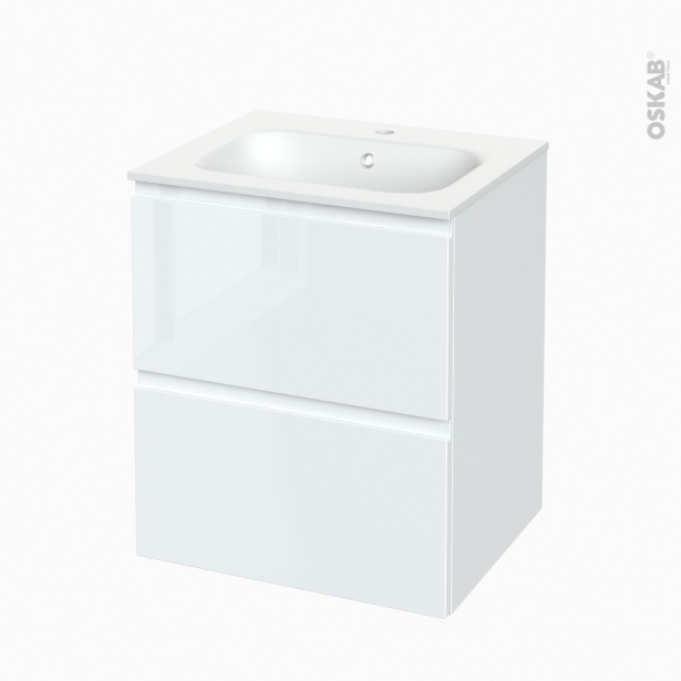 Meuble de salle de bains Plan vasque NEMA <br />IPOMA Blanc brillant, 2 tiroirs, Côtés décors, L60,5 x H71,5 x P50,6 cm 