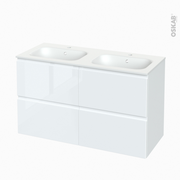 Meuble de salle de bains Plan double vasque NEMA <br />IPOMA Blanc brillant, 4 tiroirs, Côtés décors, L120,5 x H71,5 x P50,6 cm 