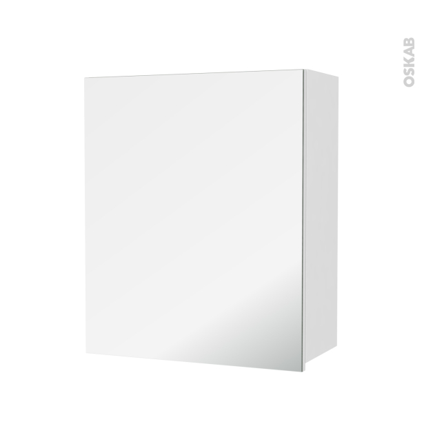 Armoire de salle de bains Rangement haut <br />IPOMA Blanc brillant, 1 porte miroir, Côtés décors, L60 x H70 x P27 cm 