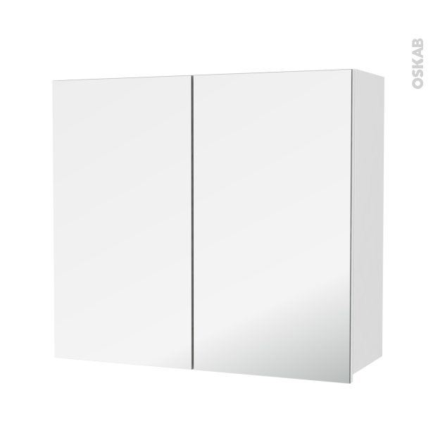 Armoire de salle de bains Rangement haut <br />IPOMA Blanc brillant, 2 portes miroir, Côtés décors, L80 x H70 x P27 cm 