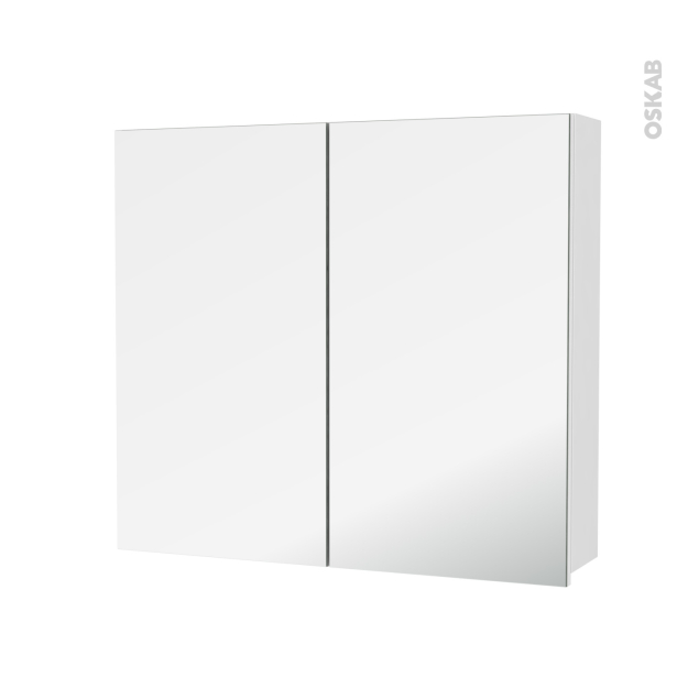 Armoire de toilette Rangement haut <br />IPOMA Blanc brillant, 2 portes miroir, Côtés décors, L80 x H70 x P17 cm 