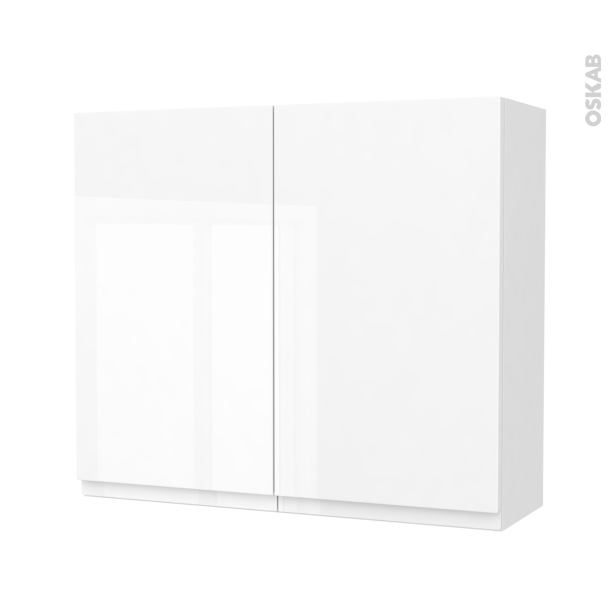 Armoire de salle de bains Rangement haut <br />IPOMA Blanc brillant, 2 portes, Côtés décors, L80 x H70 x P27 cm 