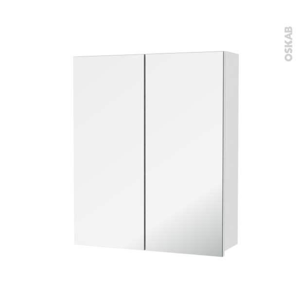 Armoire de toilette Rangement haut <br />IPOMA Blanc brillant, 2 portes miroir, Côtés décors, L60 x H70 x P17 cm 