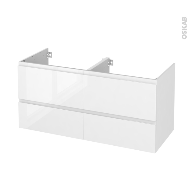 Meuble de salle de bains Sous vasque double <br />IPOMA Blanc brillant, 4 tiroirs, Côtés décors, L120 x H57 x P50 cm 