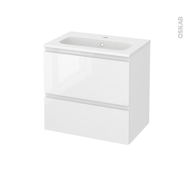 Meuble de salle de bains Plan vasque REZO <br />IPOMA Blanc brillant, 2 tiroirs, Côtés décors, L60,5 x H58,5 x P40,5 cm 