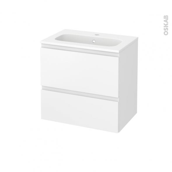Meuble de salle de bains - Plan vasque REZO - IPOMA Blanc mat - 2 tiroirs - Côtés décors - L60,5 x H58,5 x P40,5 cm