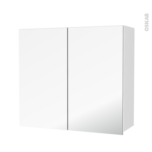 Armoire de salle de bains Rangement haut <br />IPOMA Blanc mat, 2 portes miroir, Côtés décors, L80 x H70 x P27 cm 