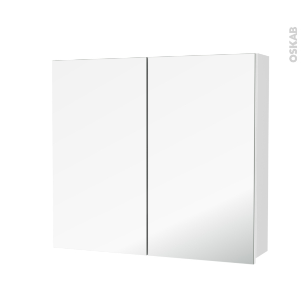 Armoire de toilette Rangement haut <br />IPOMA Blanc mat, 2 portes miroir, Côtés décors, L80 x H70 x P17 cm 