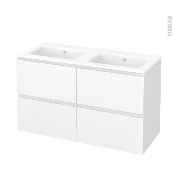 Meuble de salle de bains Plan double vasque NAJA <br />IPOMA Blanc mat, 4 tiroirs, Côtés décors, L120,5 x H71,5 x P50,5 cm 