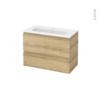 Meuble de salle de bains - Plan vasque REZO - IPOMA Chêne Naturel - 2 tiroirs - Côtés décors - L80,5 x H58,5 x P40,5 cm